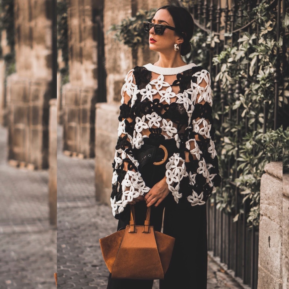 Zara Crochet Black & White Crop Sweater Bell Sleeve Floral